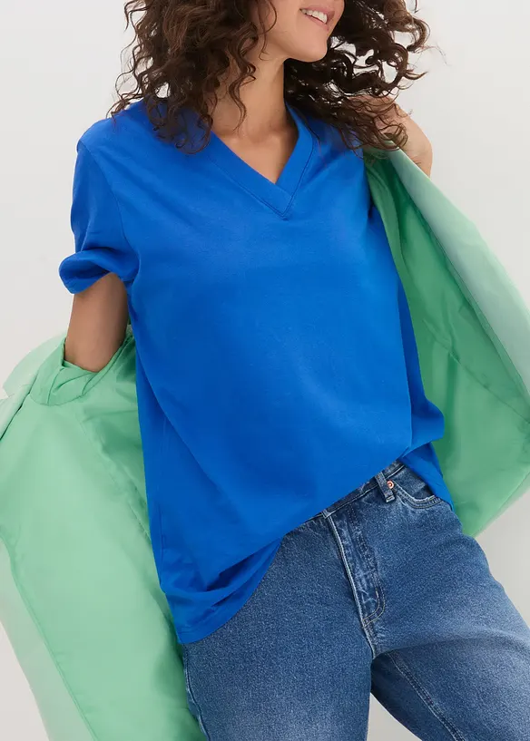 Vid l&aring;ng topp med V-ringning (5-pack), kort&auml;rmad, bonprix