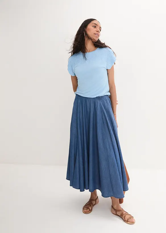 Jeanskjol med bekv&auml;m h&ouml;g midja, ekologisk bomull, bonprix