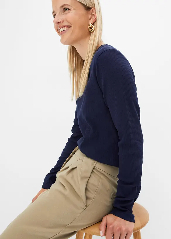 Ribbstickad långärmad T-shirt i ren bomull, bonprix