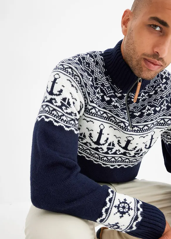 Maritim tröja med krage och dragkedja, bonprix