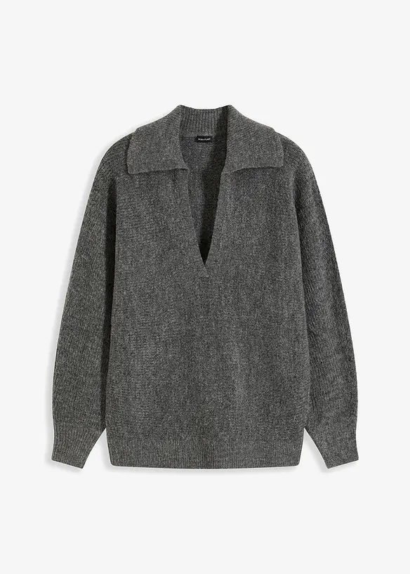 Ribbstickad tr&ouml;ja med krage och dragkedja, bonprix