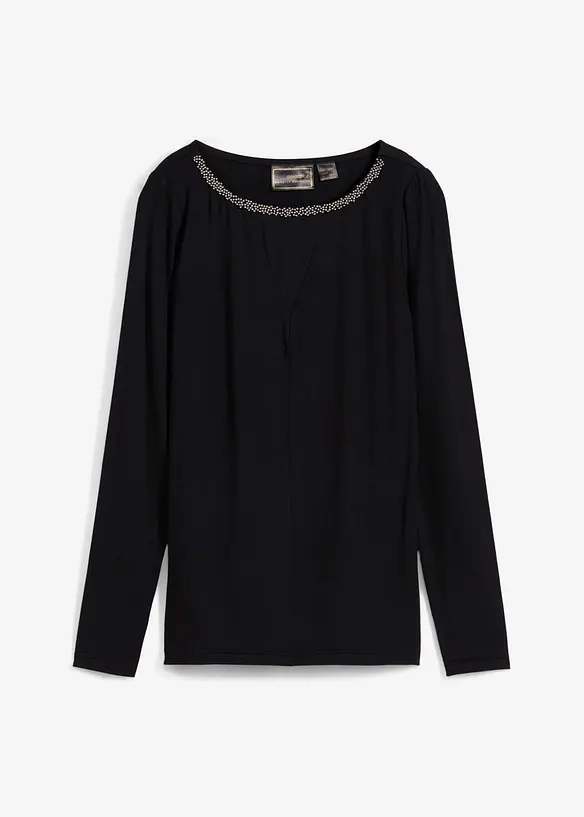 Långärmad topp med meshinfällning och glitterstenar, bonprix