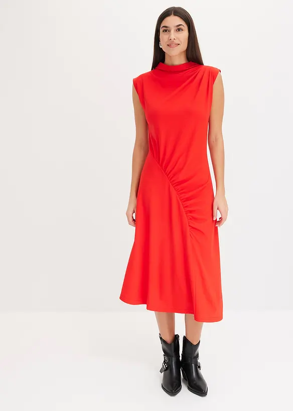 Midiklänning med drapering och asymmetrisk nederkant, bonprix