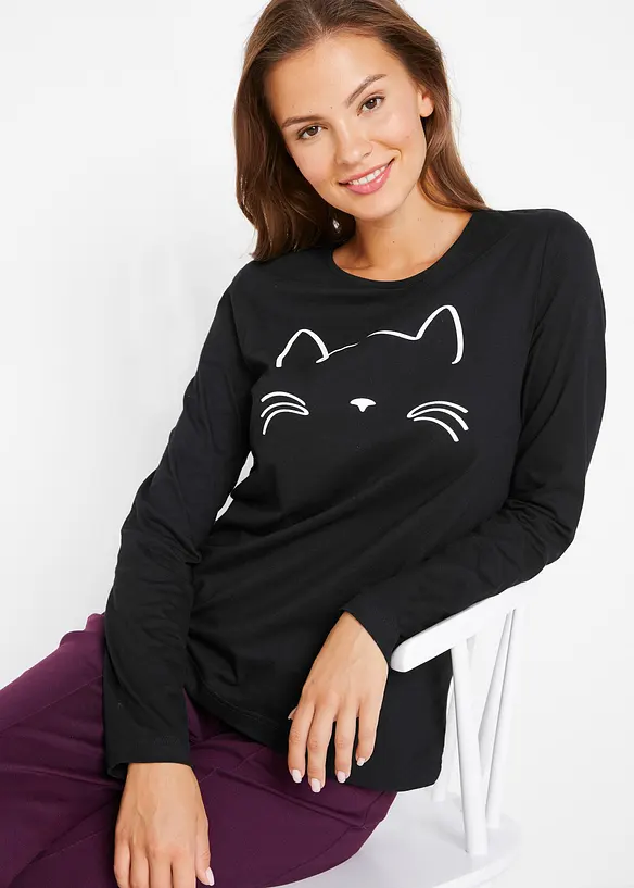 Långärmad topp med kattmotiv, bonprix