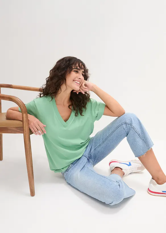 Vid lång topp med V-ringning (5-pack), kortärmad, bonprix