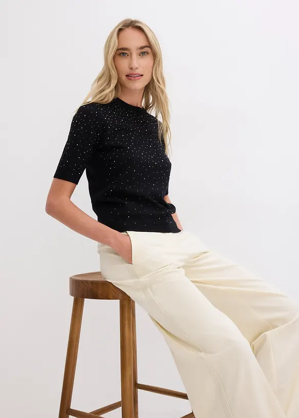 Tröja med glitterstenar och korta ärmar, bonprix