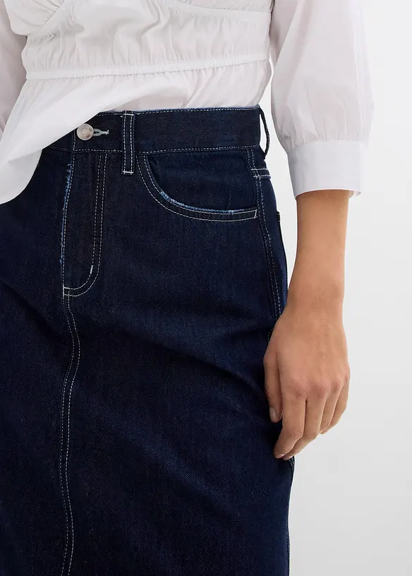Mellanlång jeanskjol med medelhög midja, bonprix