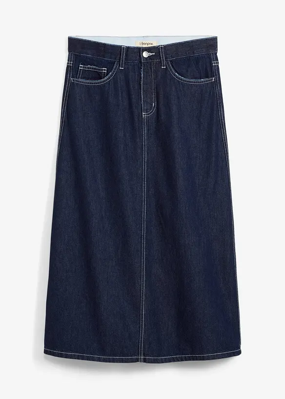 Mellanlång jeanskjol med medelhög midja, bonprix