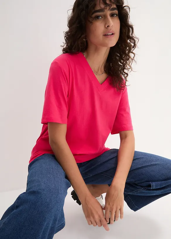 Vid l&aring;ng topp med V-ringning (5-pack), kort&auml;rmad, bonprix