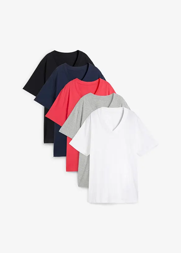 Vid lång topp med V-ringning (5-pack), kortärmad, bonprix