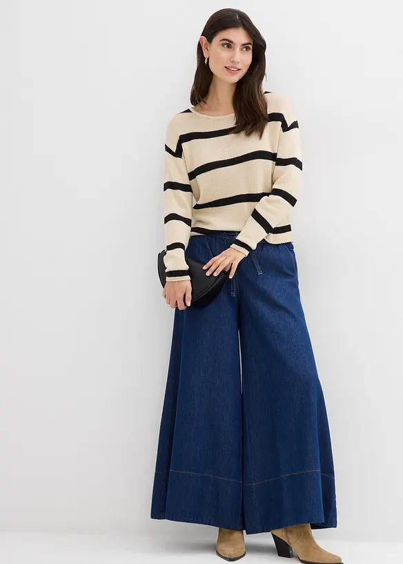 Jeans med vida ben, medelhög midja och resårlinning, bonprix