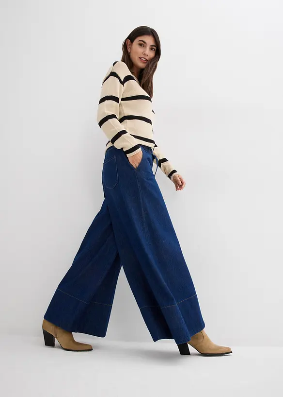 Jeans med vida ben, medelhög midja och resårlinning, bonprix