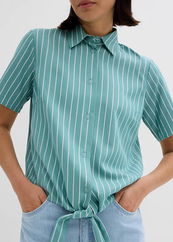 Kortärmad blus med rändder och knutdetalj, bonprix