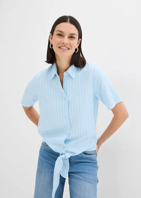 Kortärmad blus med rändder och knutdetalj, bonprix