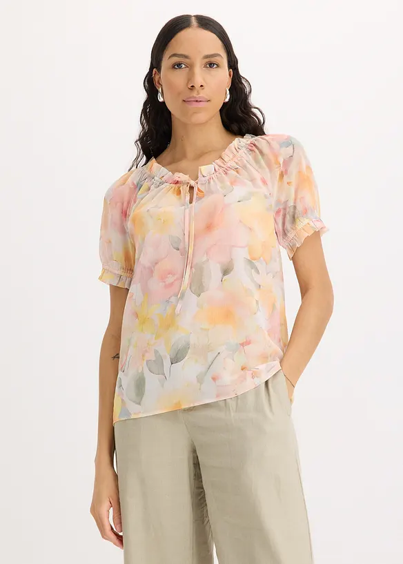 Blus av chiffong med vid ringning, bonprix