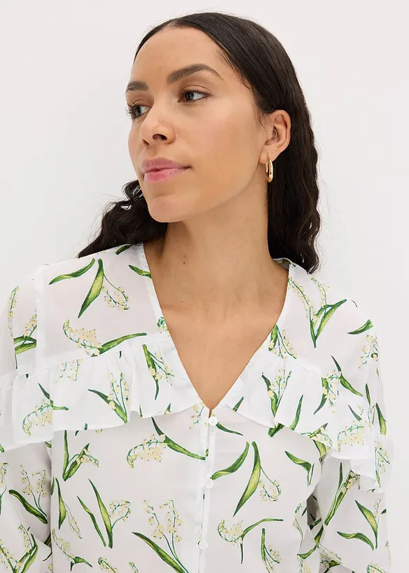 Mönstrad blus med volanger, bonprix