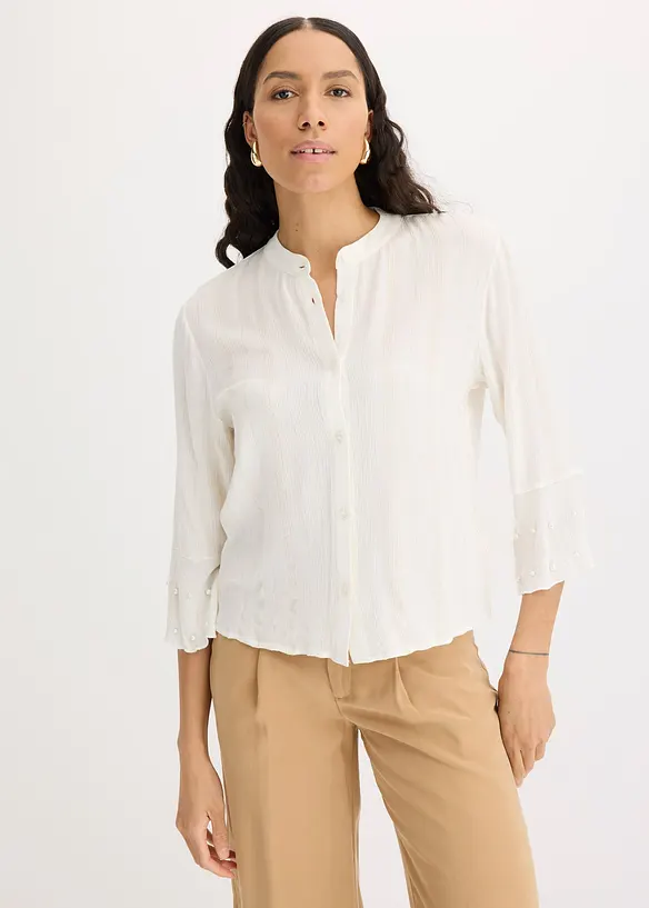 Blus med volang och pärlor, bonprix