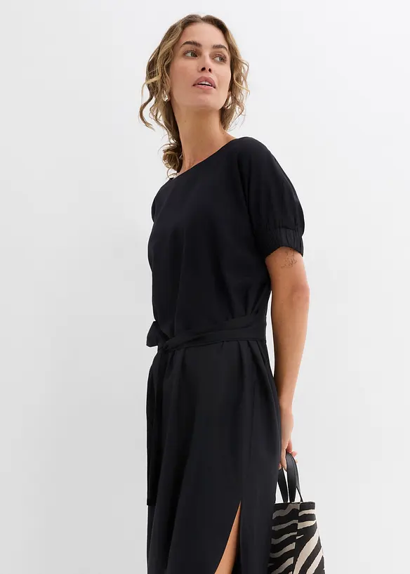 Midiklänning med knytskärp och resårmuddar i ärmarna, bonprix