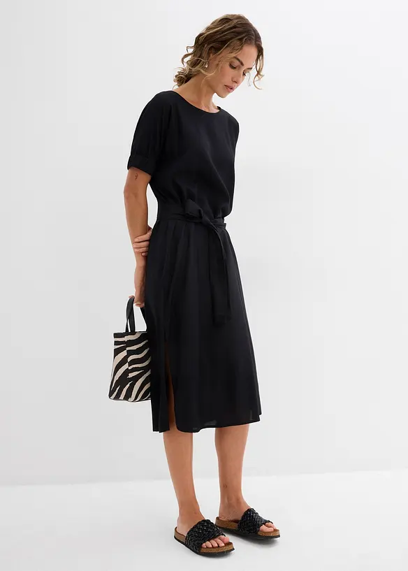 Midiklänning med knytskärp och resårmuddar i ärmarna, bonprix