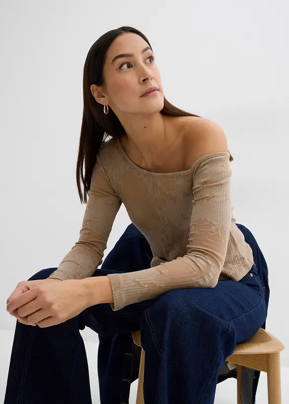 Off-shoulder-topp med ausbrennermönster, bonprix