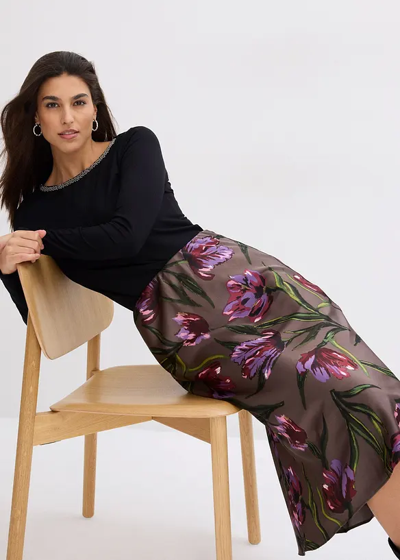 Långärmad topp med meshinfällning och glitterstenar, bonprix