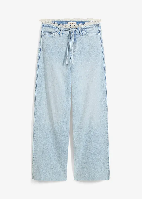 Wide Leg Jeans Mid Waist, med fransad midja, bonprix