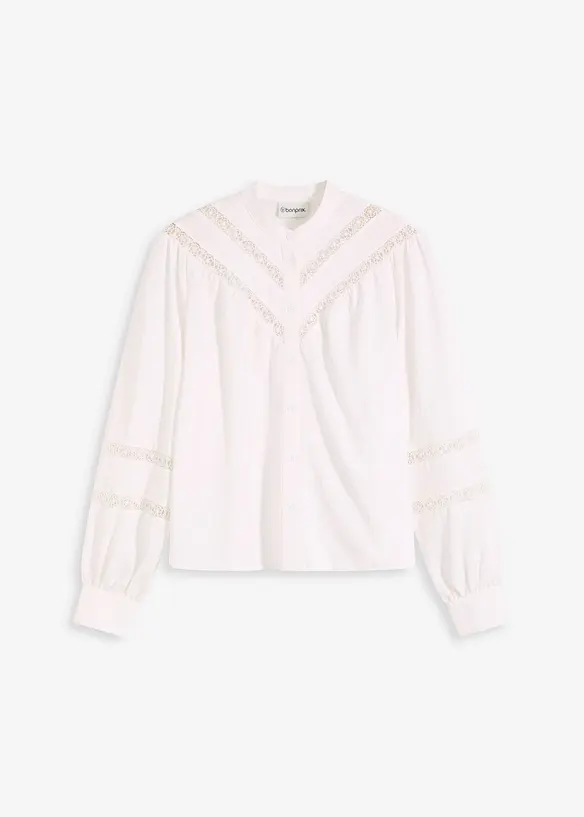 Blus med linneandel och virkad spets, bonprix