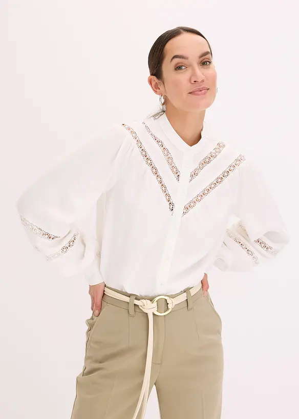 Blus med linneandel och virkad spets, bonprix