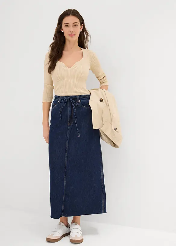 Mellanlång jeanskjol Mid Waist, Super Soft, bonprix