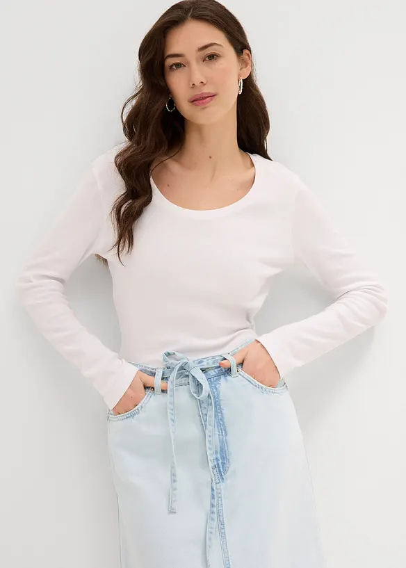 Mellanlång jeanskjol Mid Waist, Super Soft, bonprix