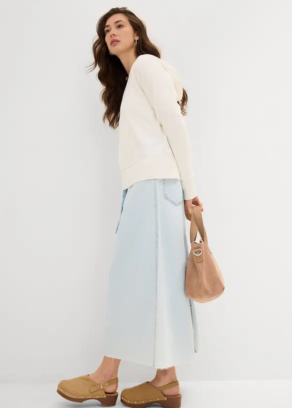 Mellanlång jeanskjol Mid Waist, Super Soft, bonprix