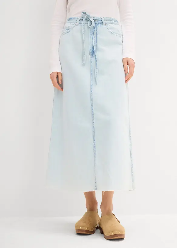 Mellanlång jeanskjol Mid Waist, Super Soft, bonprix