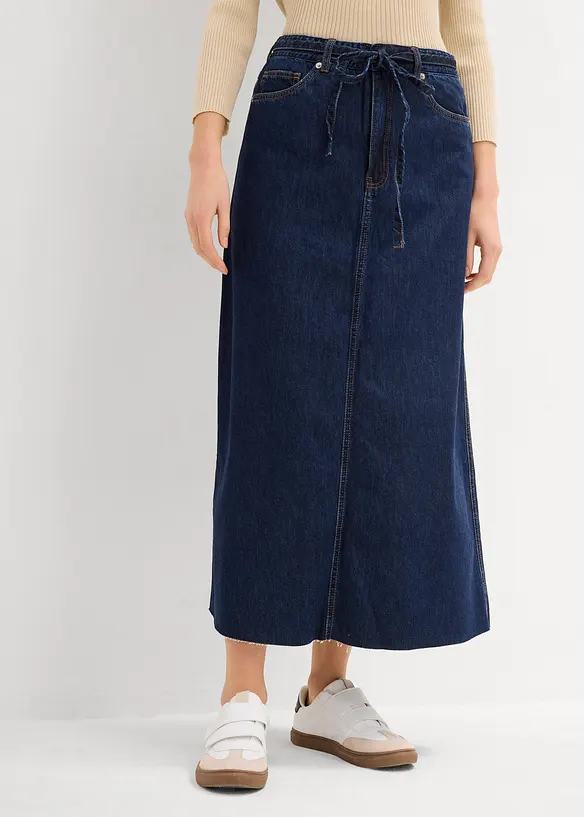 Mellanlång jeanskjol Mid Waist, Super Soft, bonprix
