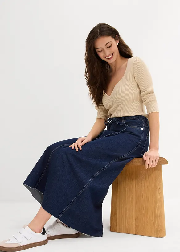 Mellanlång jeanskjol Mid Waist, Super Soft, bonprix
