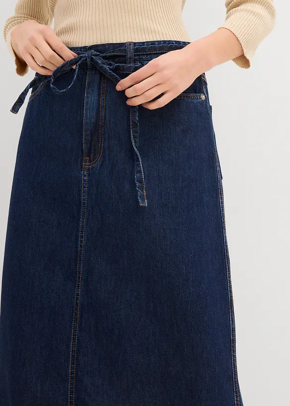 Mellanlång jeanskjol Mid Waist, Super Soft, bonprix