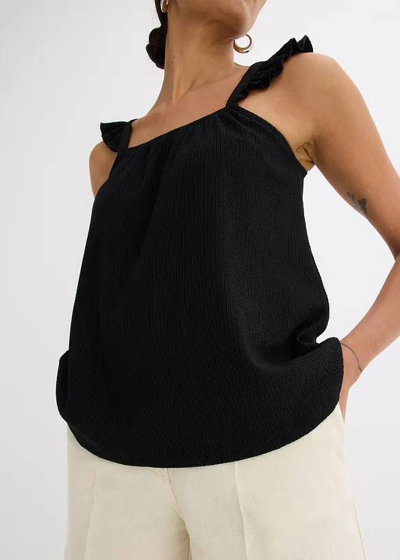 Kräppat jerseylinne med volanger på axelbanden, bonprix