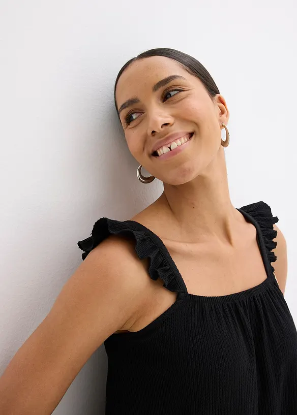 Kräppat jerseylinne med volanger på axelbanden, bonprix