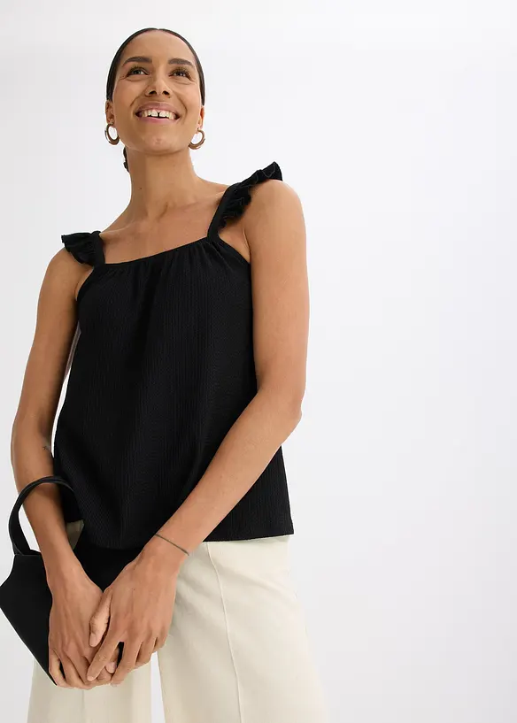 Kräppat jerseylinne med volanger på axelbanden, bonprix