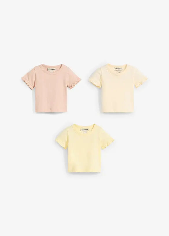 T-shirt f&ouml;r bebisar av ekologisk bomull med volanger (3-pack), bonprix