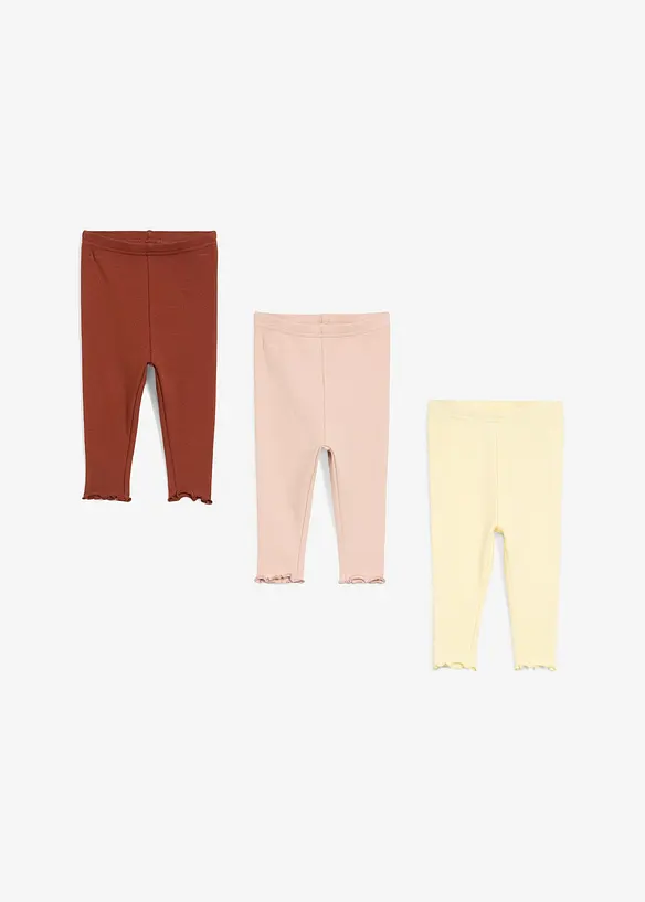 Ribbstickade leggings i ekologisk bomull med volanger för bebisar (3-pack), bonprix