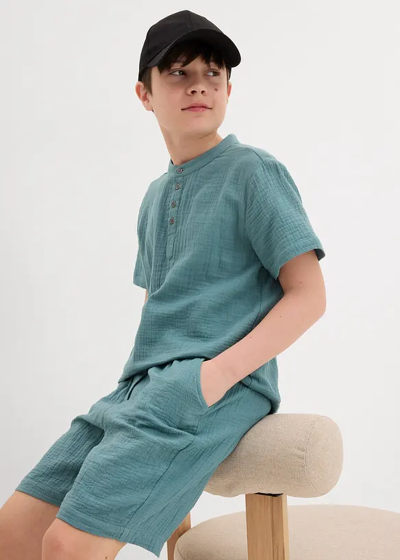 Kortärmad skjorta med ståkrage i mjuk muslin för barn, bonprix