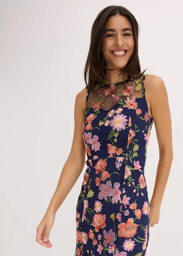 Mellanlång klänning med blombroderi, bonprix