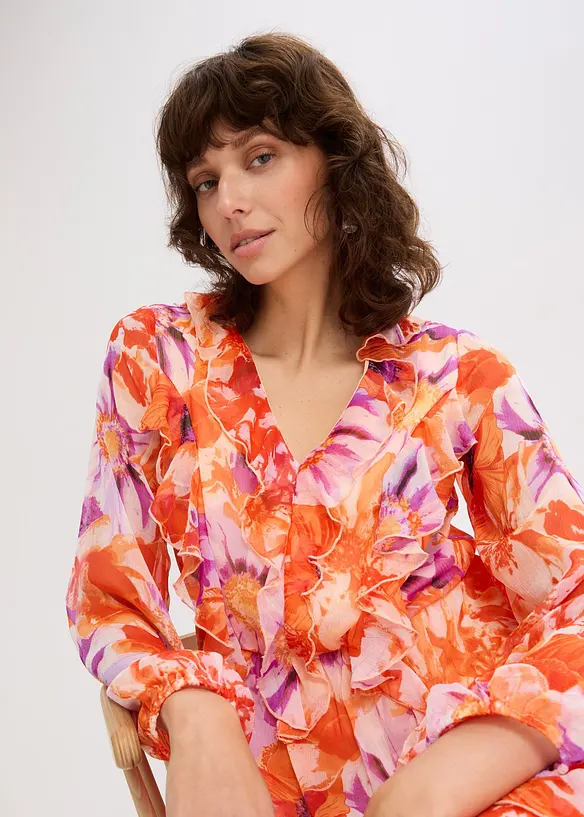 Chiffongklänning med volanger i återvunnen polyester, bonprix