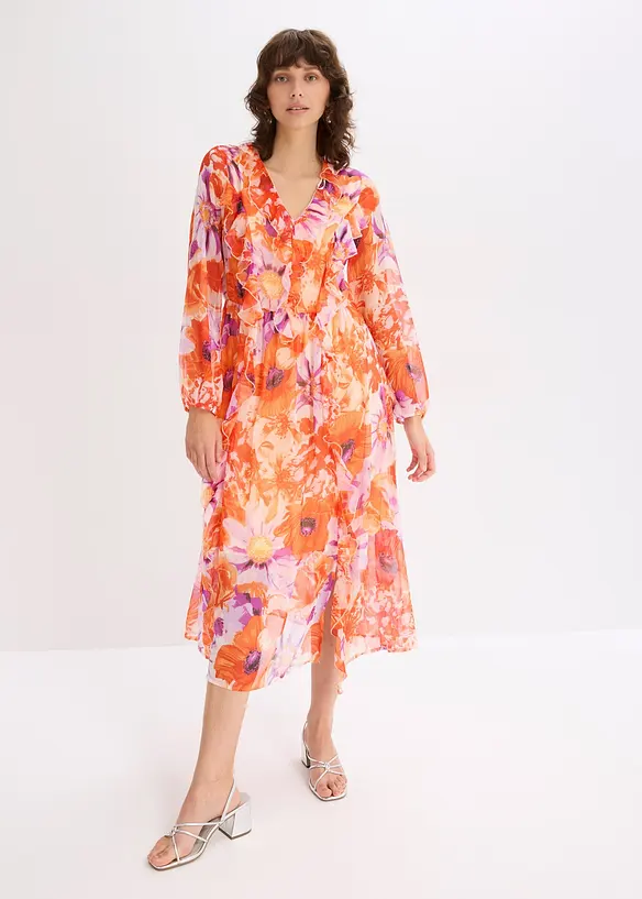 Chiffongklänning med volanger i återvunnen polyester, bonprix