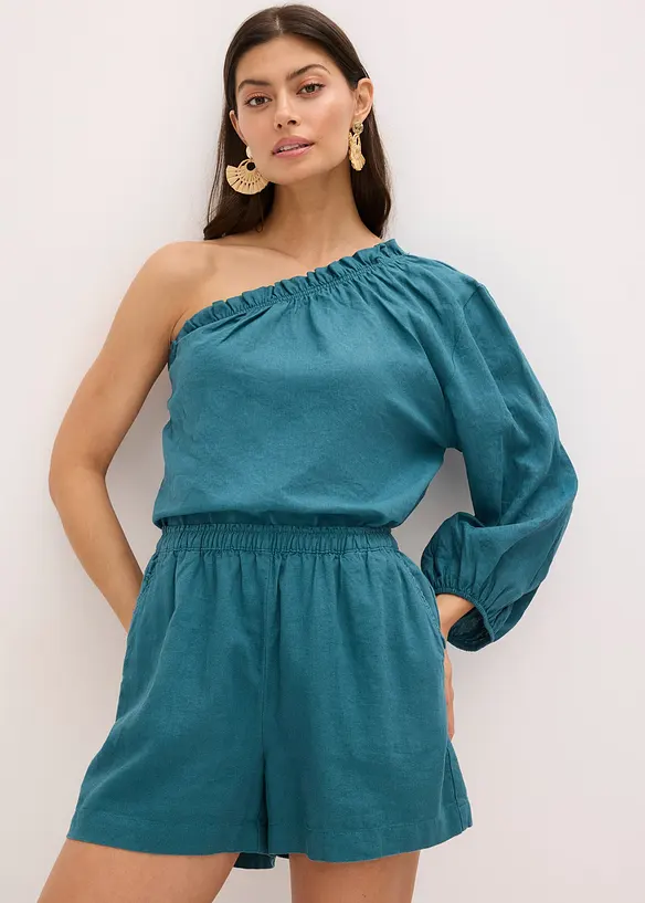 One shoulder-blus i linneblandning, bonprix