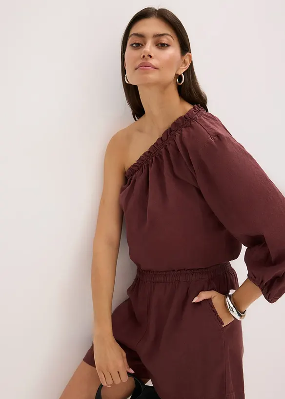 One shoulder-blus i linneblandning, bonprix