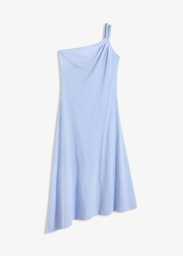 Jerseyklänning med asymmetrisk nederkant och knutdetalj på axeln, av bomull, bonprix