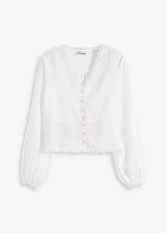 Blus med virkad infällning och fransar, bonprix