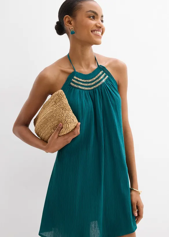 Krinklad klänning med struktur och smala axelband, bonprix