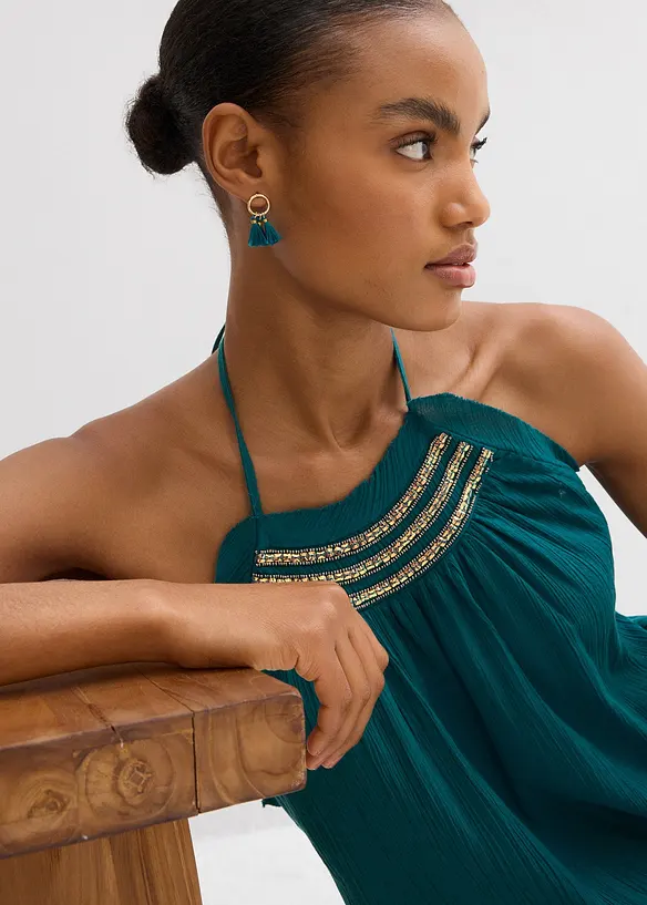 Krinklad klänning med struktur och smala axelband, bonprix